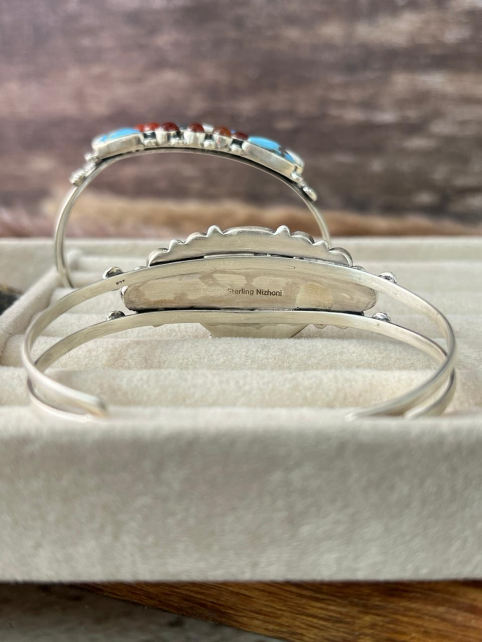 Handmade Sterling Silver Canyon Sunset Collection: Golden Hills Turquoise with White Buffalo and Carnelian Cuff Bracelet "Signed Nizhoni"