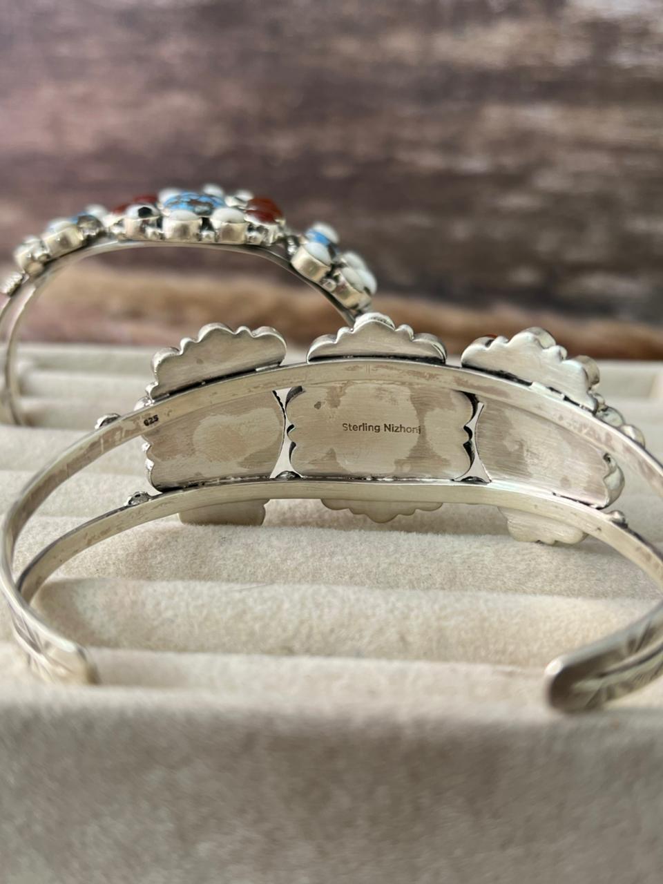 Handmade Sterling Silver Canyon Sunset Collection: Golden Hills Turquoise with White Buffalo and Carnelian Cuff Bracelet "Signed Nizhoni"