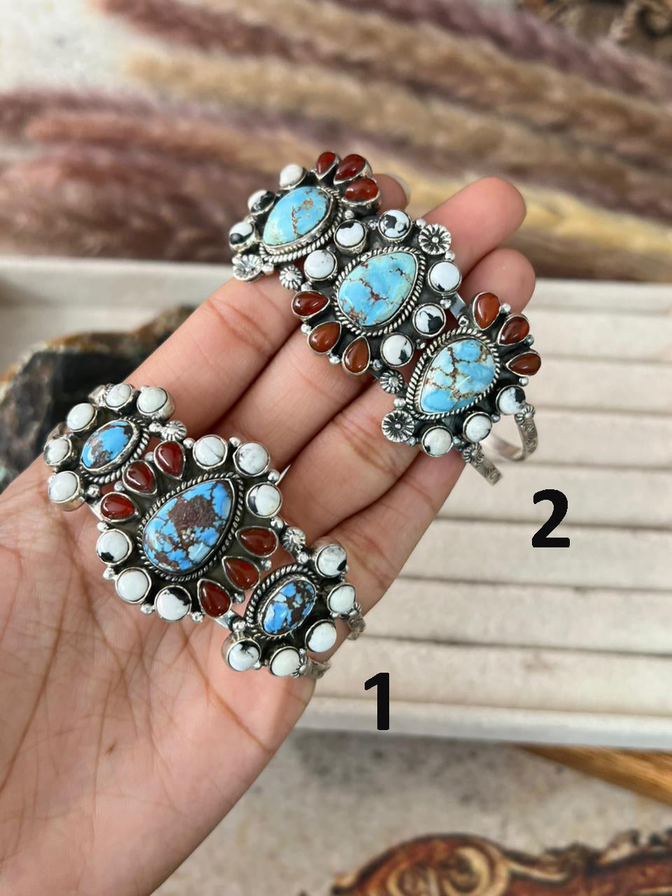 Handmade Sterling Silver Canyon Sunset Collection: Golden Hills Turquoise with White Buffalo and Carnelian Cuff Bracelet "Signed Nizhoni"