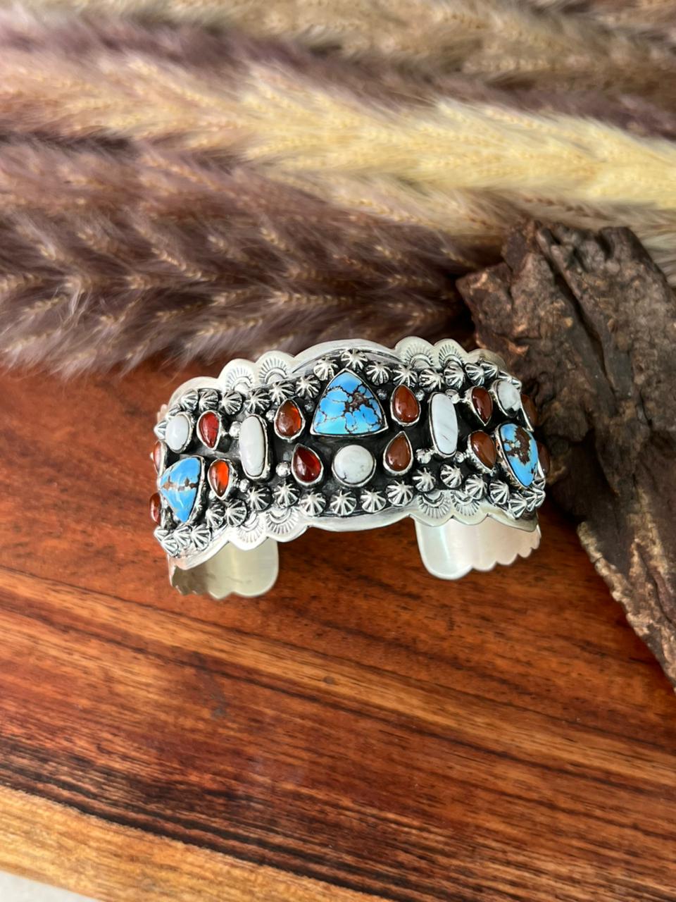 Handmade Sterling Silver Canyon Sunset Collection: Golden Hills Turquoise with White Buffalo and Carnelian Cuff Bracelet "Signed Nizhoni"