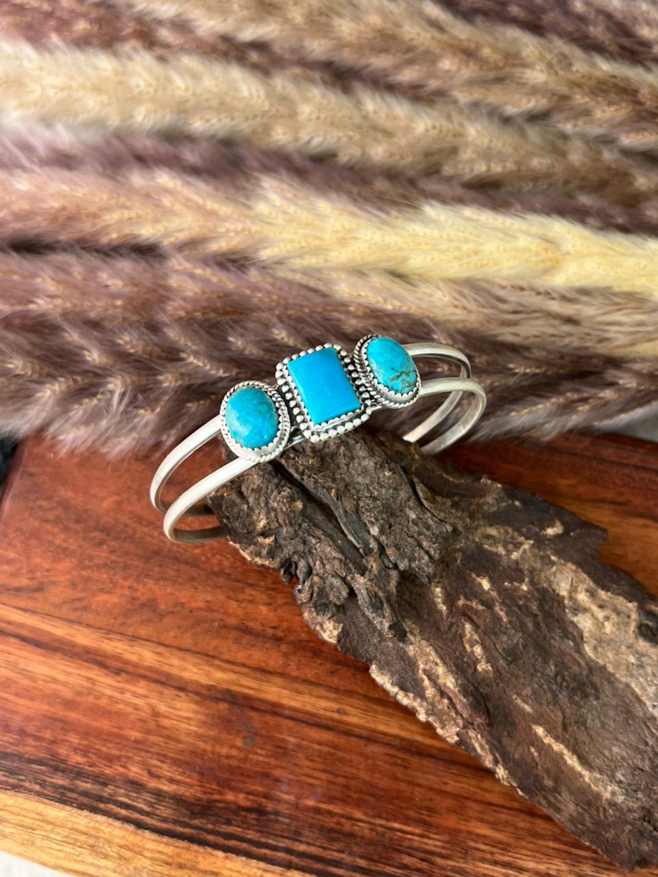 Handmade Sterling Silver Blue Kingman Turquoise Cuff Bracelet "Signed Nizhoni"