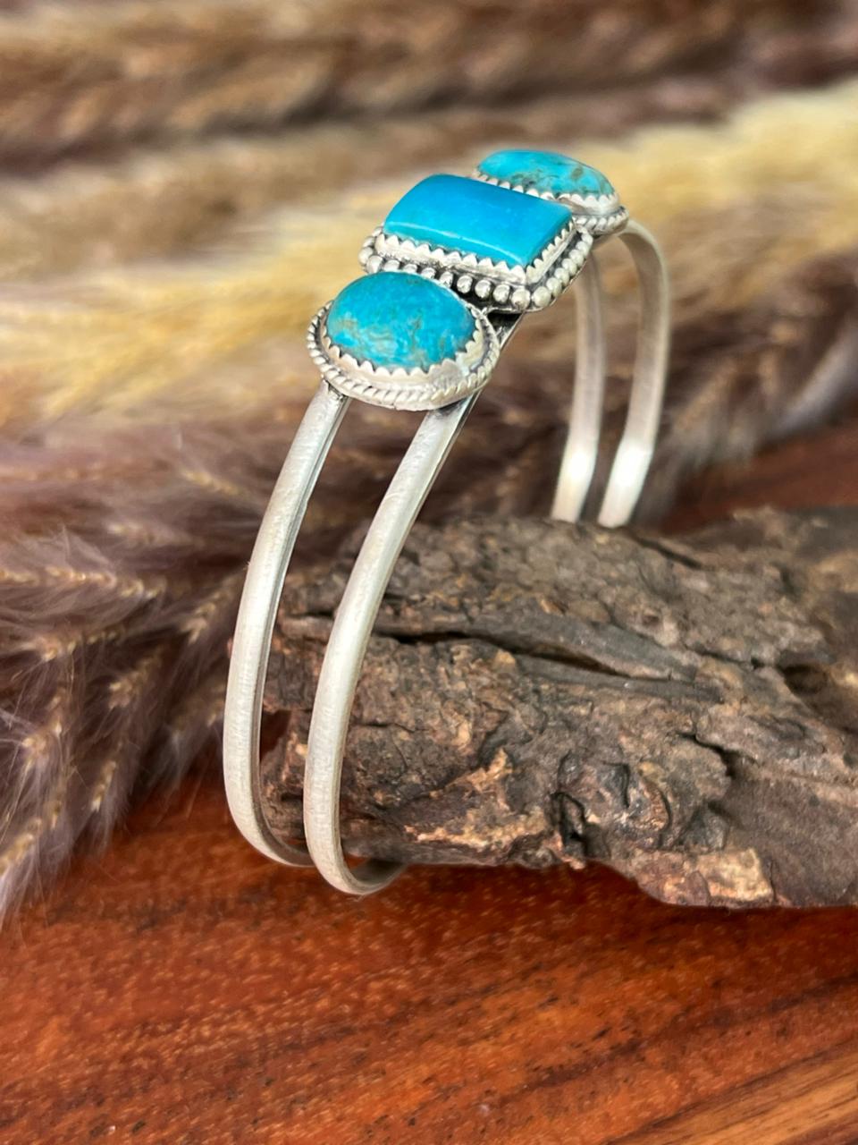 Handmade Sterling Silver Blue Kingman Turquoise Cuff Bracelet "Signed Nizhoni"