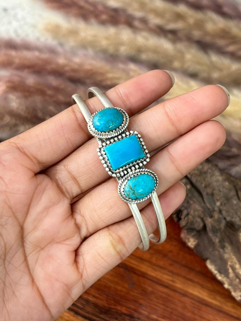 Handmade Sterling Silver Blue Kingman Turquoise Cuff Bracelet "Signed Nizhoni"