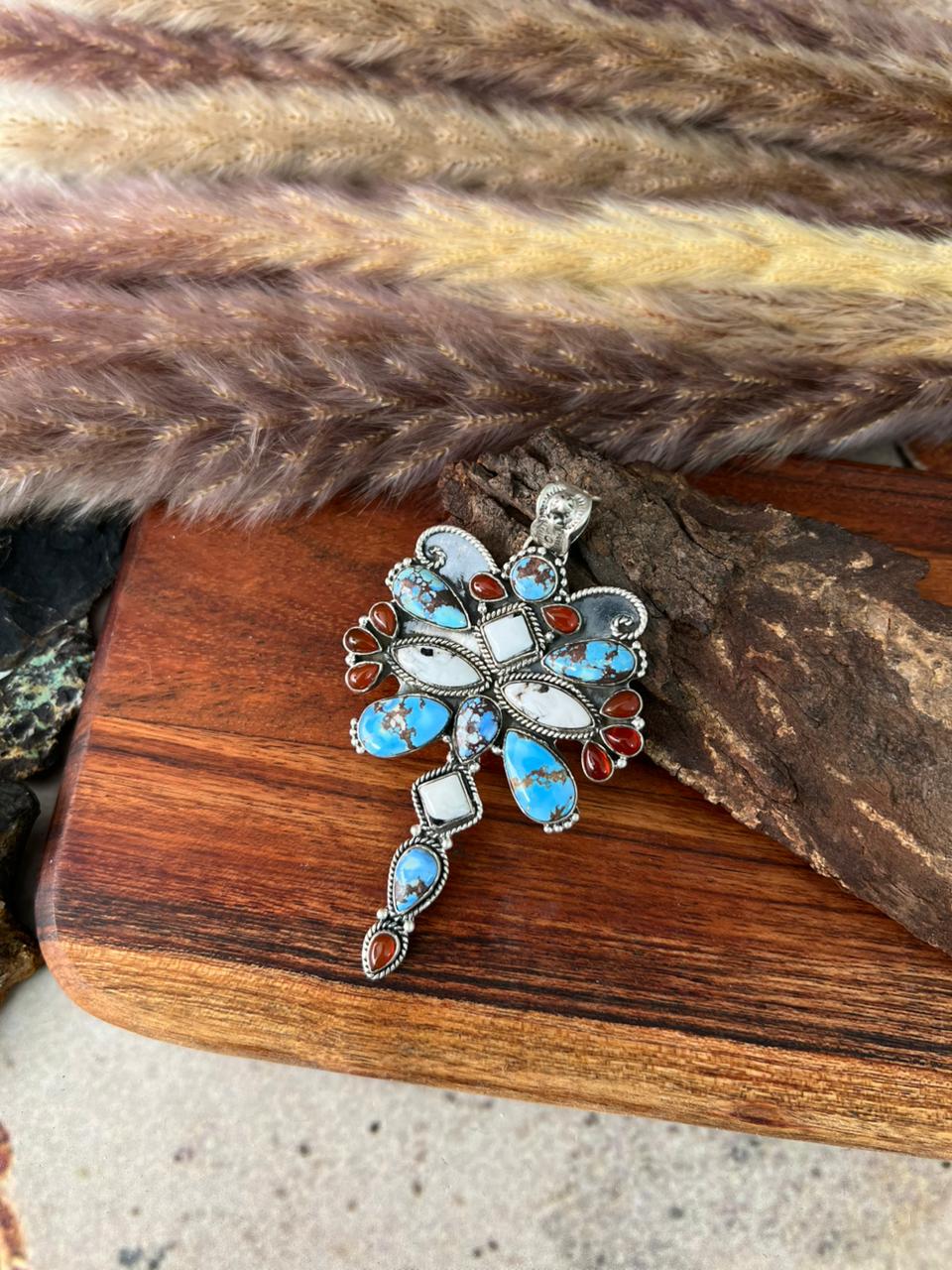 Handmade Sterling Silver Canyon Sunset Collection: Golden Hills Turquoise with White Buffalo and Carnelian Pendant "Signed Nizhoni"