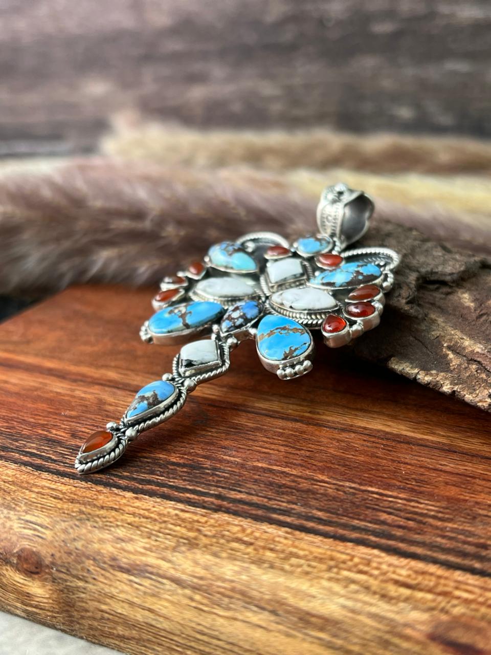 Handmade Sterling Silver Canyon Sunset Collection: Golden Hills Turquoise with White Buffalo and Carnelian Pendant "Signed Nizhoni"