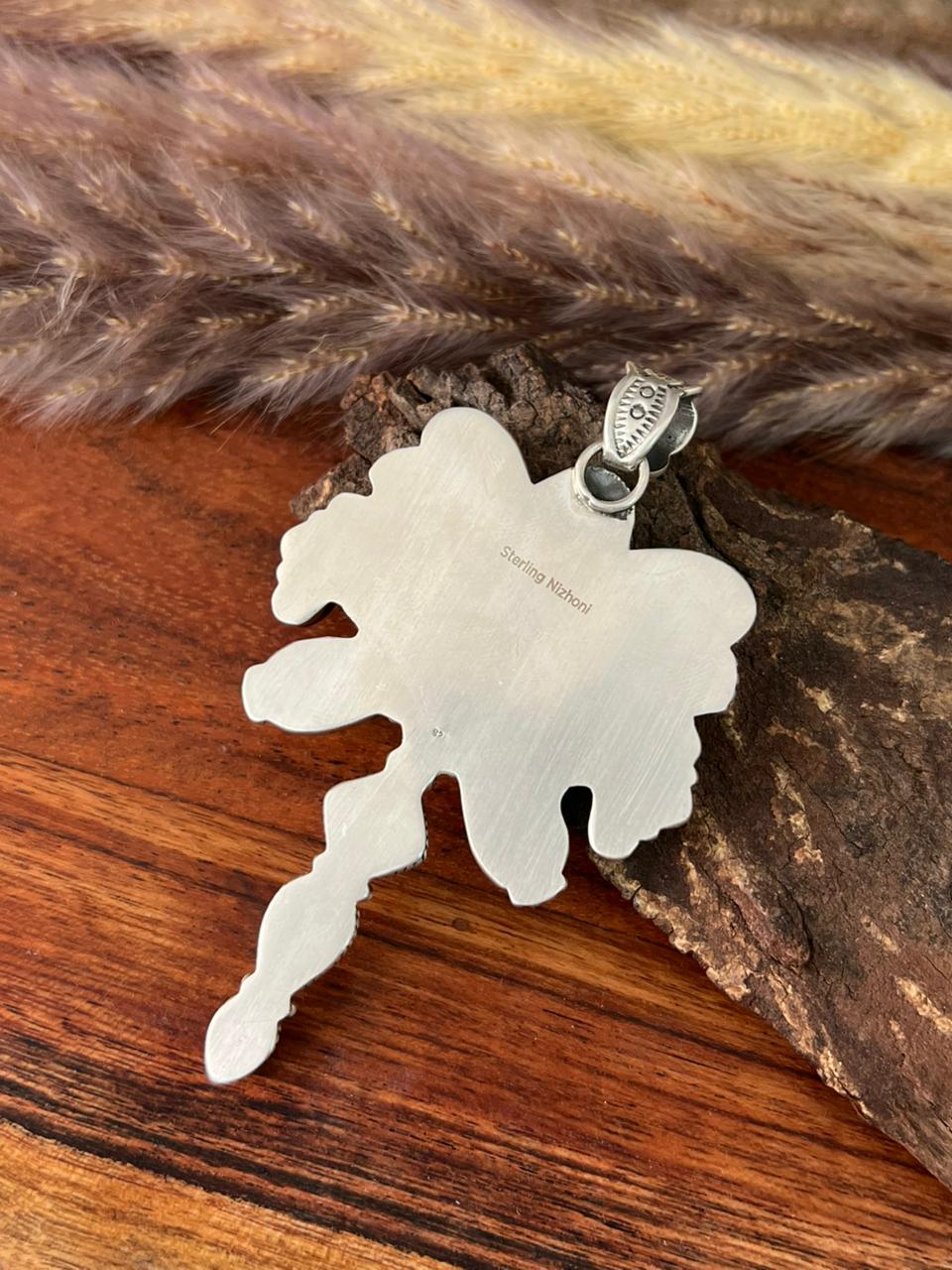Handmade Sterling Silver Canyon Sunset Collection: Golden Hills Turquoise with White Buffalo and Carnelian Pendant "Signed Nizhoni"