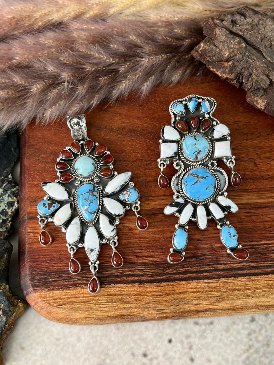 Handmade Sterling Silver Canyon Sunset Collection: Golden Hills Turquoise with White Buffalo and Carnelian Pendant "Signed Nizhoni"