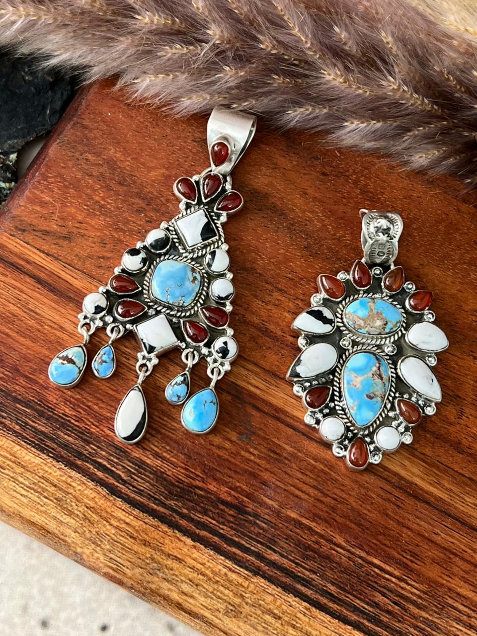 Handmade Sterling Silver Canyon Sunset Collection: Golden Hills Turquoise with White Buffalo and Carnelian Pendant "Signed Nizhoni"