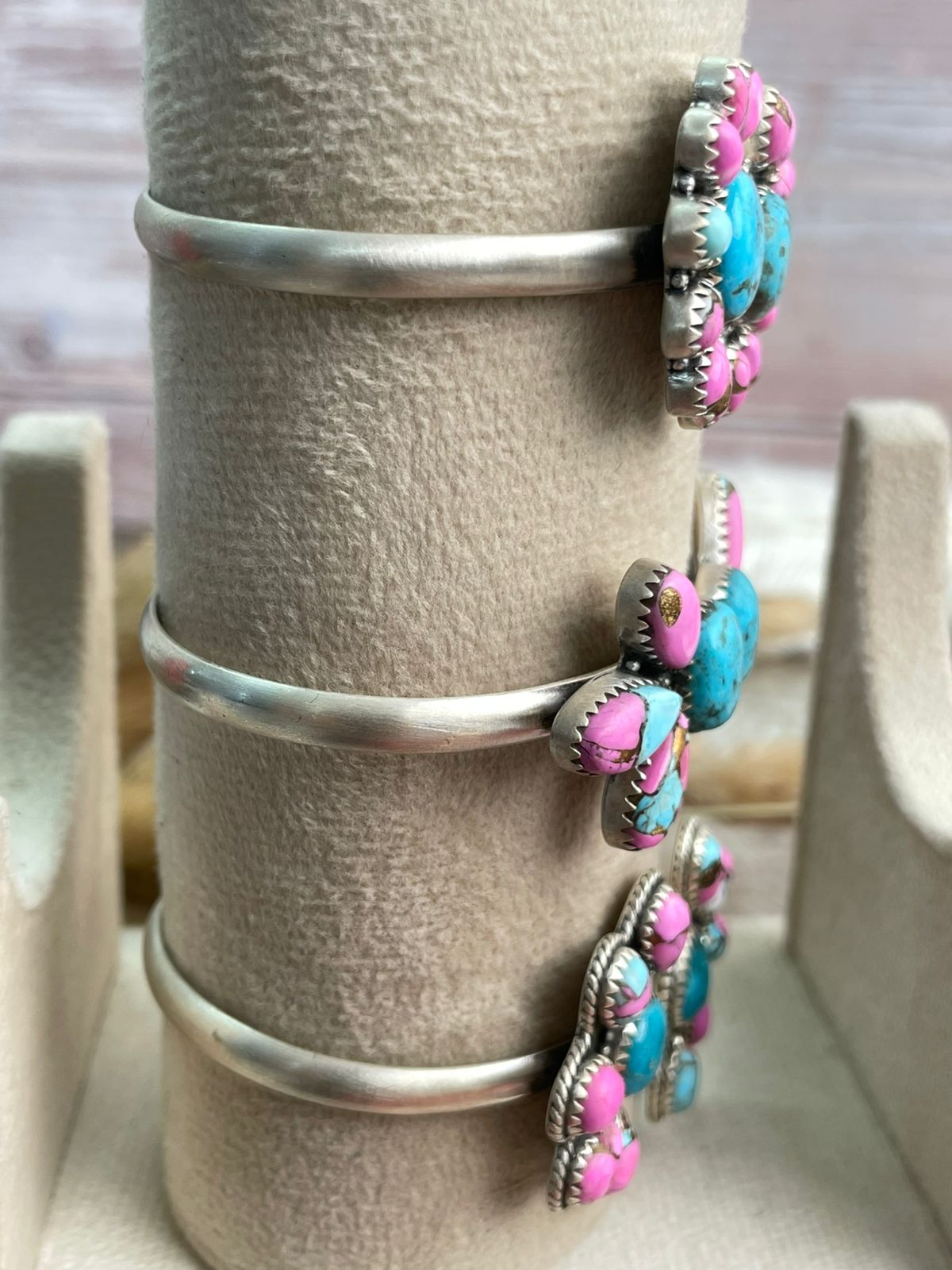 Handmade Sterling Silver Cotton Candy with Blue Kingman Turquoise Cuff Bracelet "Signed Nizhoni"