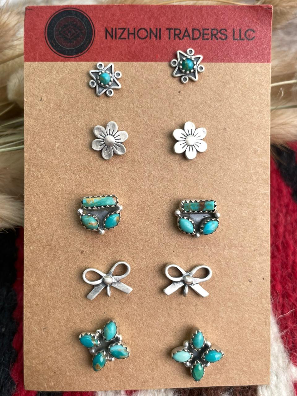 Handmade Sterling Silver Kingman Turquoise Post Studs Heart Earrings Card Set