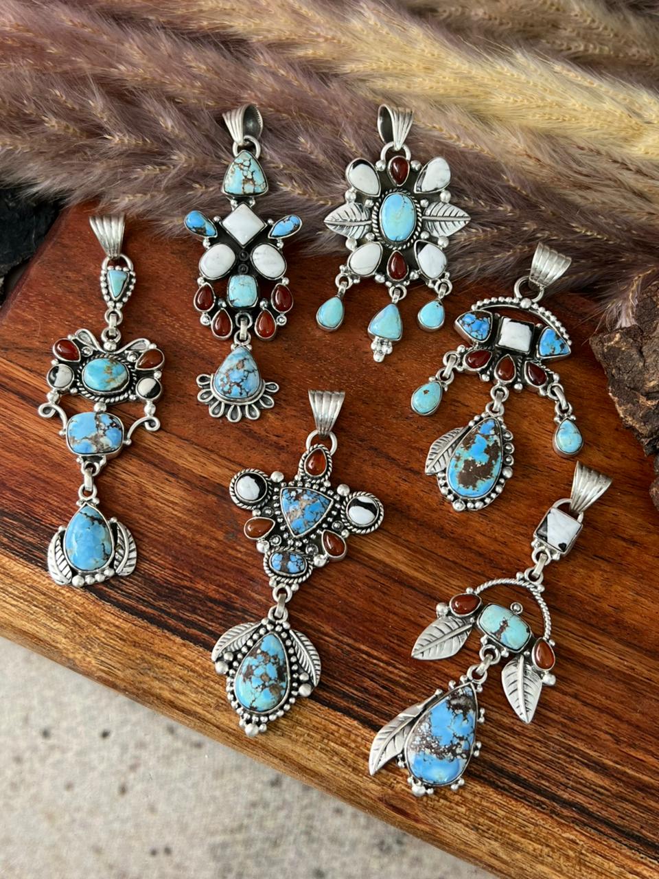 Handmade Sterling Silver Canyon Sunset Collection: Golden Hills Turquoise with White Buffalo and Carnelian Pendant "Signed Nizhoni"