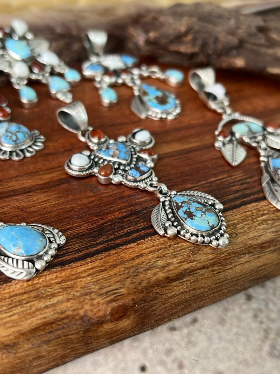 Handmade Sterling Silver Canyon Sunset Collection: Golden Hills Turquoise with White Buffalo and Carnelian Pendant "Signed Nizhoni"