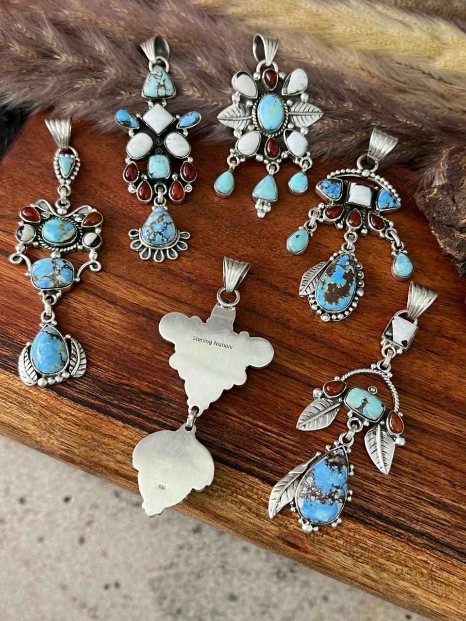 Handmade Sterling Silver Canyon Sunset Collection: Golden Hills Turquoise with White Buffalo and Carnelian Pendant "Signed Nizhoni"