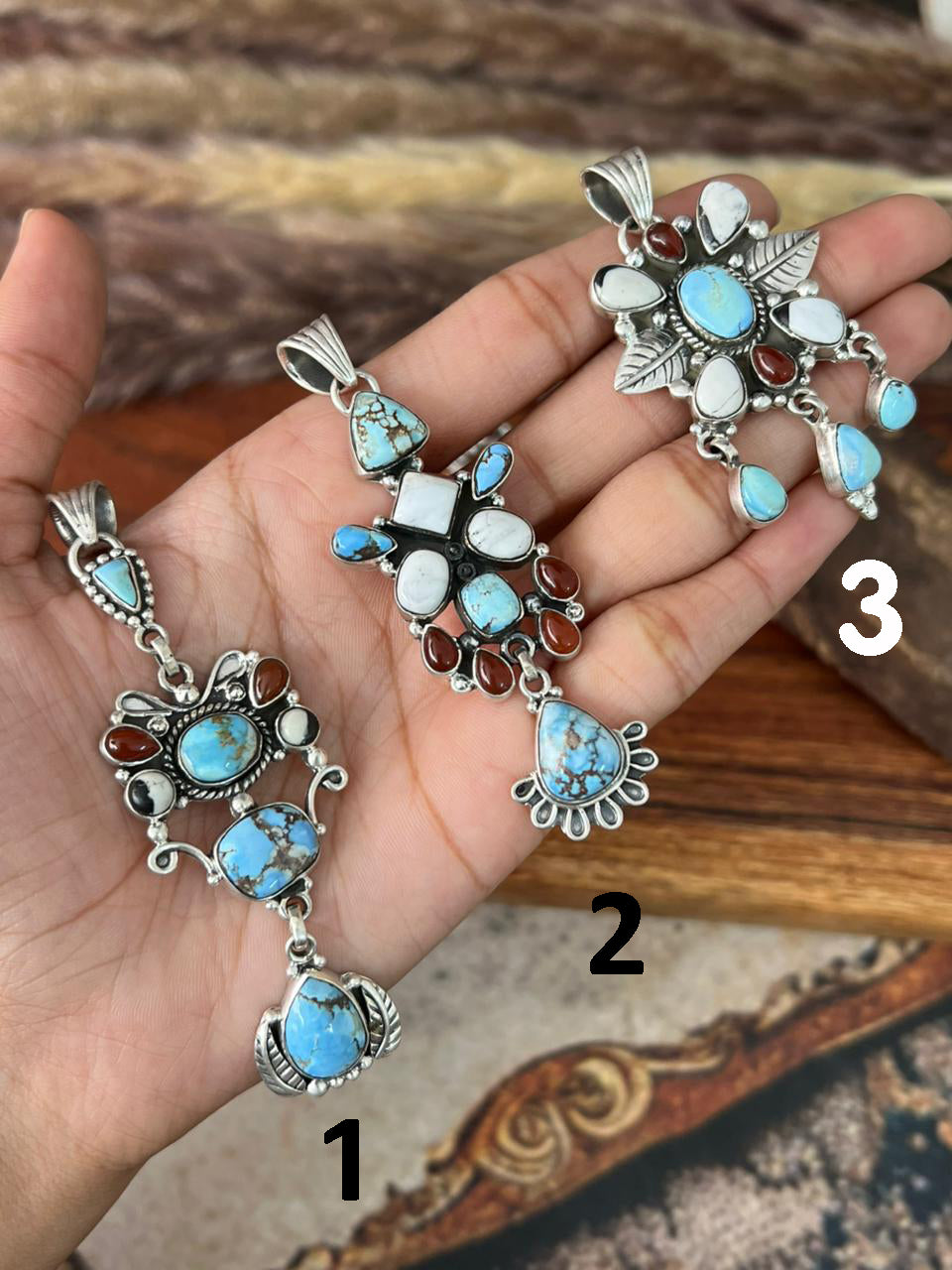 Handmade Sterling Silver Canyon Sunset Collection: Golden Hills Turquoise with White Buffalo and Carnelian Pendant "Signed Nizhoni"