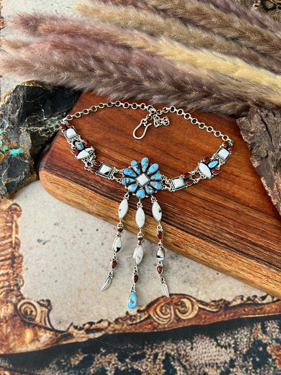 Handmade Sterling Silver Canyon Sunset Collection: Golden Hills Turquoise with White Buffalo and Carnelian Choker Necklace "Signed Nizhoni"