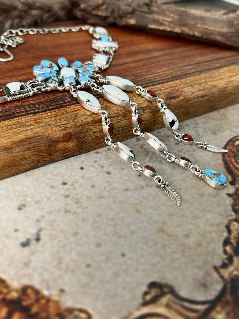 Handmade Sterling Silver Canyon Sunset Collection: Golden Hills Turquoise with White Buffalo and Carnelian Choker Necklace "Signed Nizhoni"