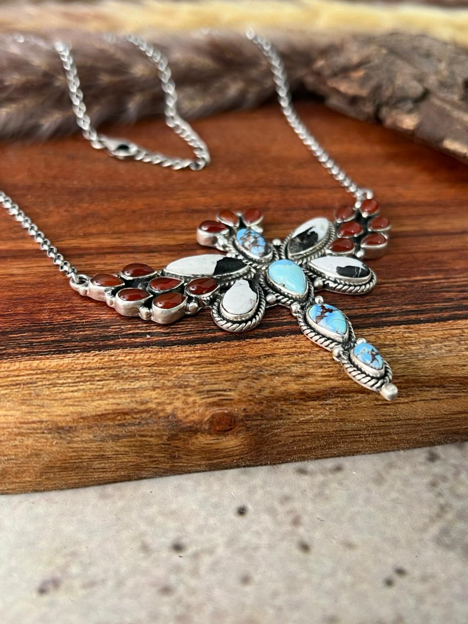 Handmade Sterling Silver Canyon Sunset Collection: Golden Hills Turquoise with White Buffalo and Carnelian Butterfly Necklace "Signed Nizhoni"
