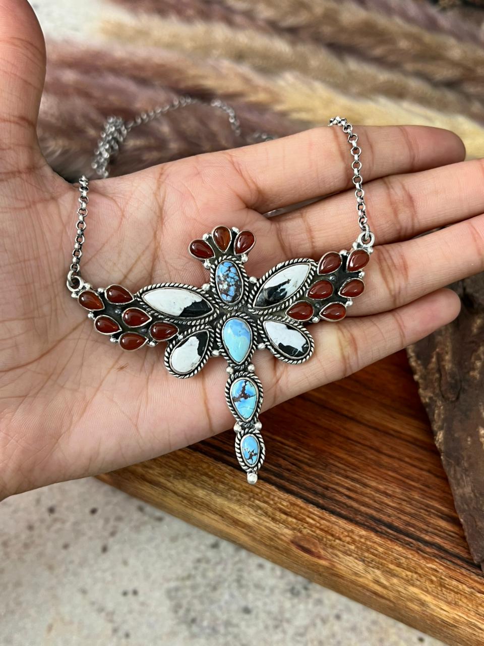 Handmade Sterling Silver Canyon Sunset Collection: Golden Hills Turquoise with White Buffalo and Carnelian Butterfly Necklace "Signed Nizhoni"