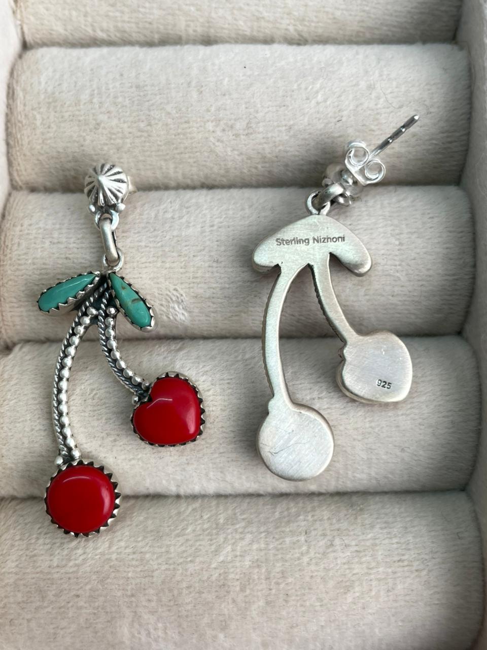 Handmade Sterling Silver Rosarita with Kingman Turquoise Cherry Post Dangle Earrings "Signed Nizhoni"
