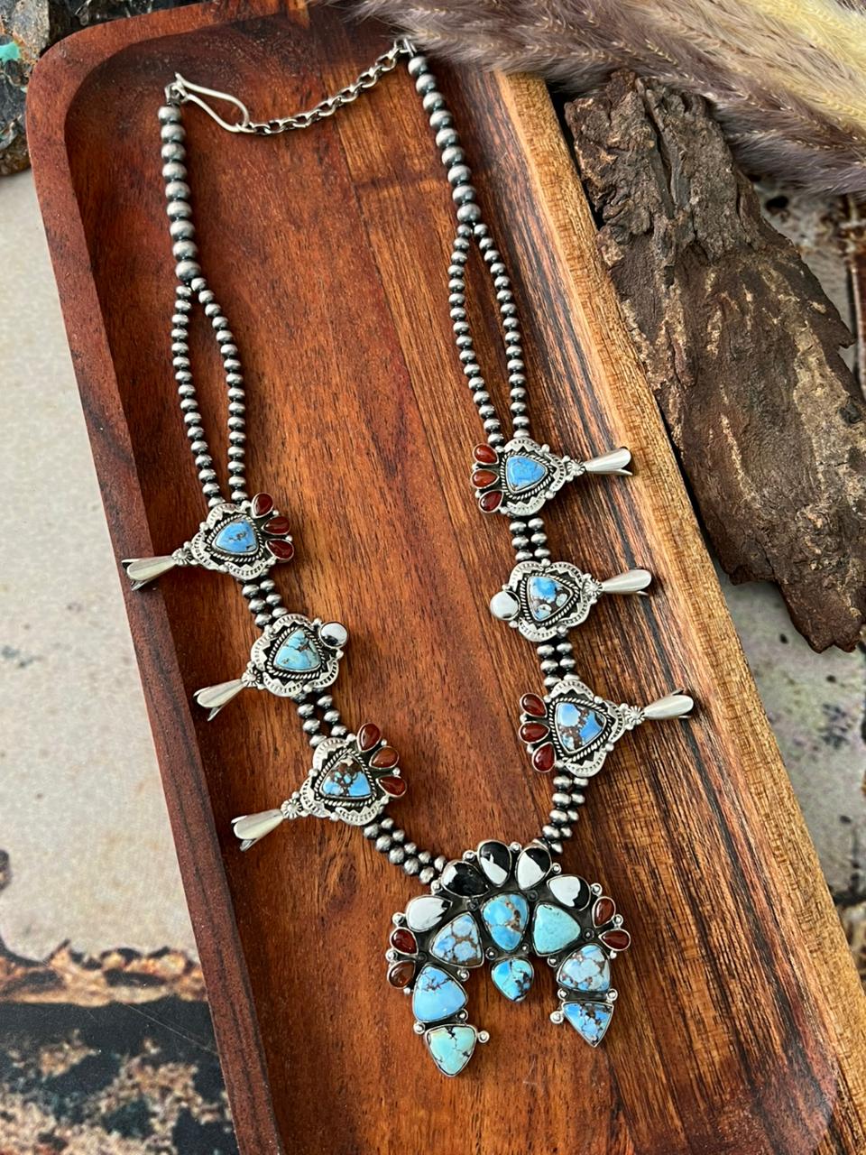 Handmade Sterling Silver Canyon Sunset Collection: Golden Hills Turquoise with White Buffalo and Carnelian Squash Blossom Beaded Necklace "Signed Nizhoni"