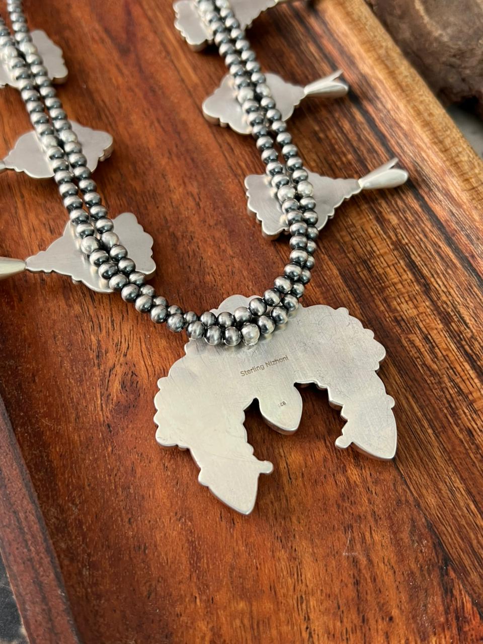 Handmade Sterling Silver Canyon Sunset Collection: Golden Hills Turquoise with White Buffalo and Carnelian Squash Blossom Beaded Necklace "Signed Nizhoni"