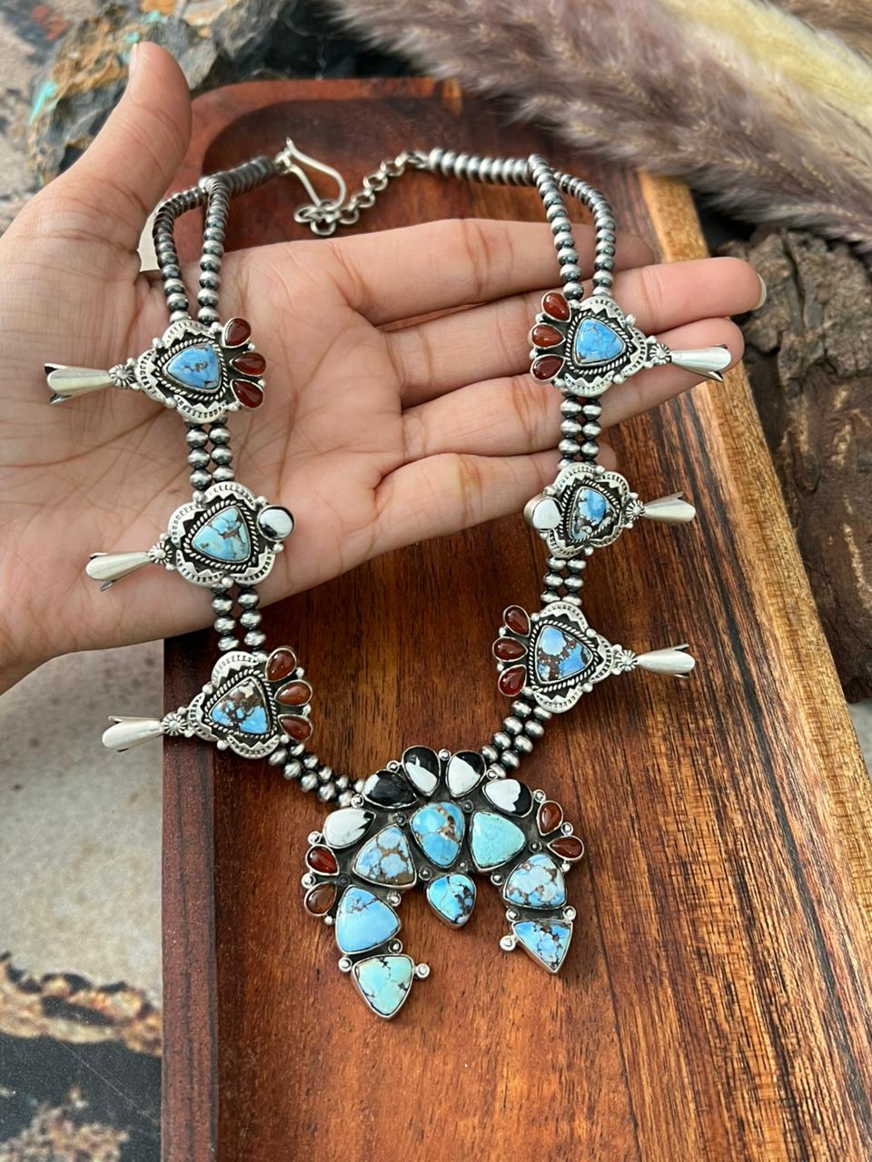Handmade Sterling Silver Canyon Sunset Collection: Golden Hills Turquoise with White Buffalo and Carnelian Squash Blossom Beaded Necklace "Signed Nizhoni"