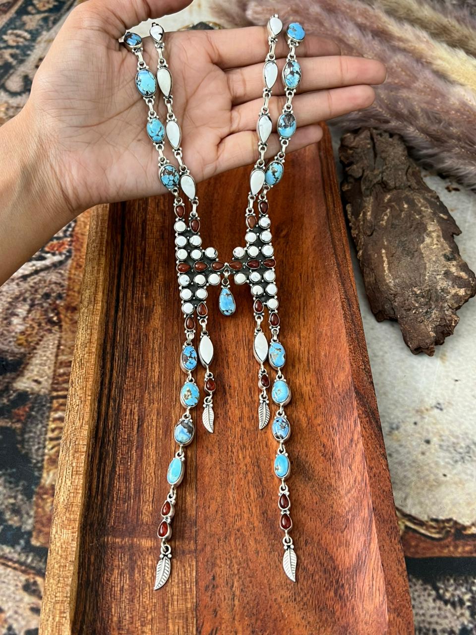 Handmade Sterling Silver Canyon Sunset Collection: Golden Hills Turquoise with White Buffalo and Carnelian Necklace "Signed Nizhoni"