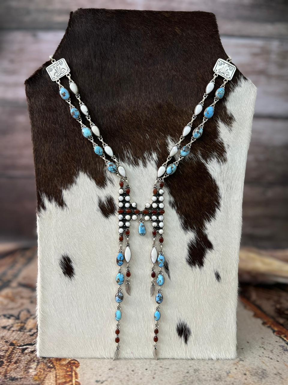 Handmade Sterling Silver Canyon Sunset Collection: Golden Hills Turquoise with White Buffalo and Carnelian Necklace "Signed Nizhoni"