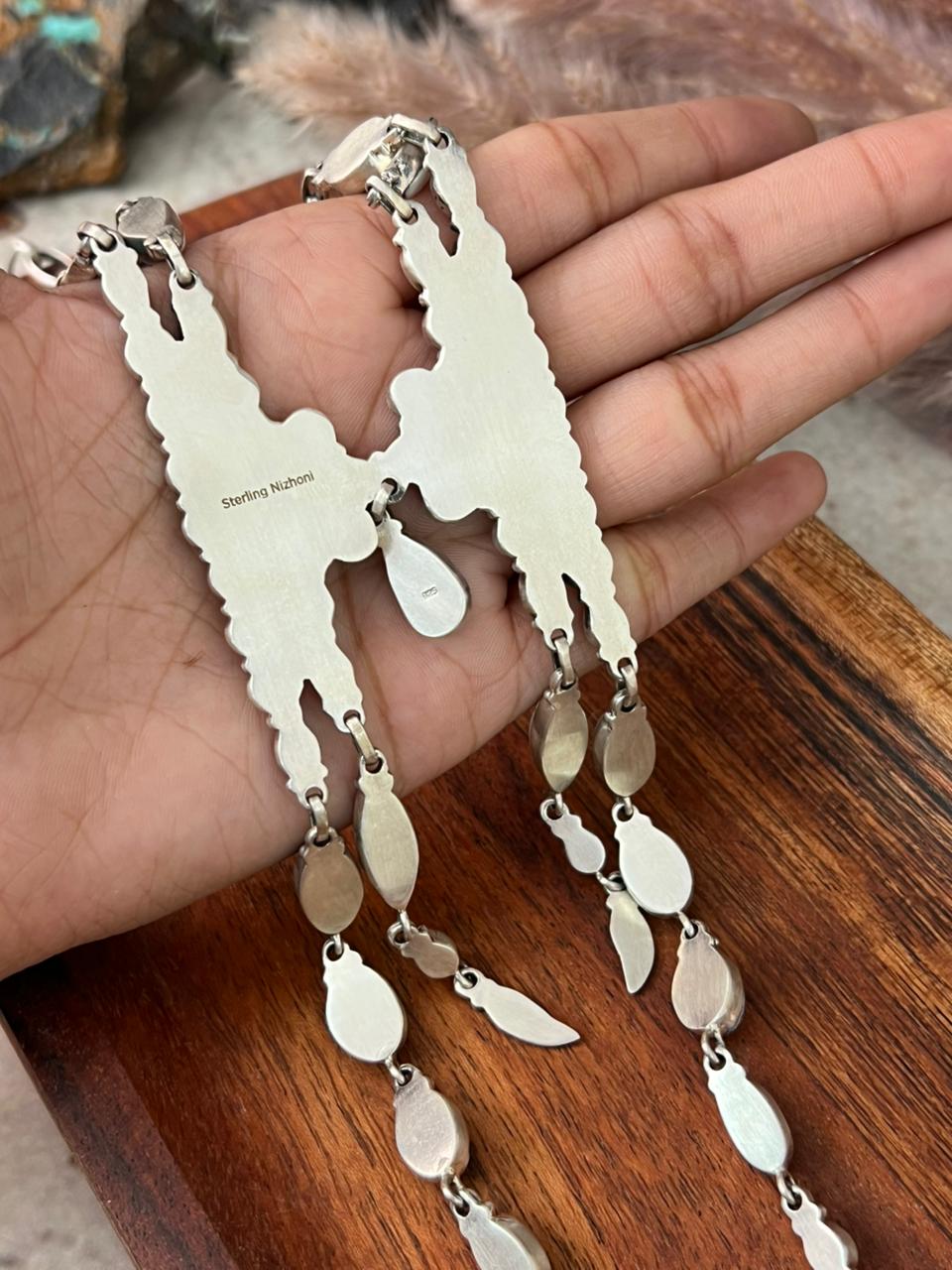 Handmade Sterling Silver Canyon Sunset Collection: Golden Hills Turquoise with White Buffalo and Carnelian Necklace "Signed Nizhoni"