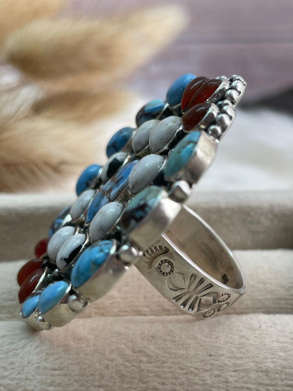 Handmade Sterling Silver Canyon Sunset Collection: Golden Hills Turquoise with White Buffalo and Carnelian Adjustable Ring "Signed Nizhoni"