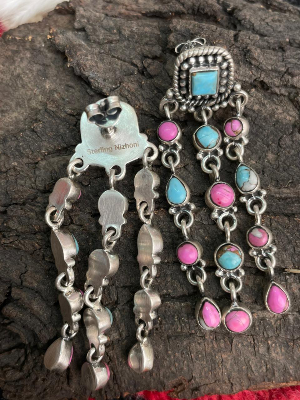 Handmade Sterling Silver Cotton Candy Post Dangle Earrings "Signed Nizhoni"