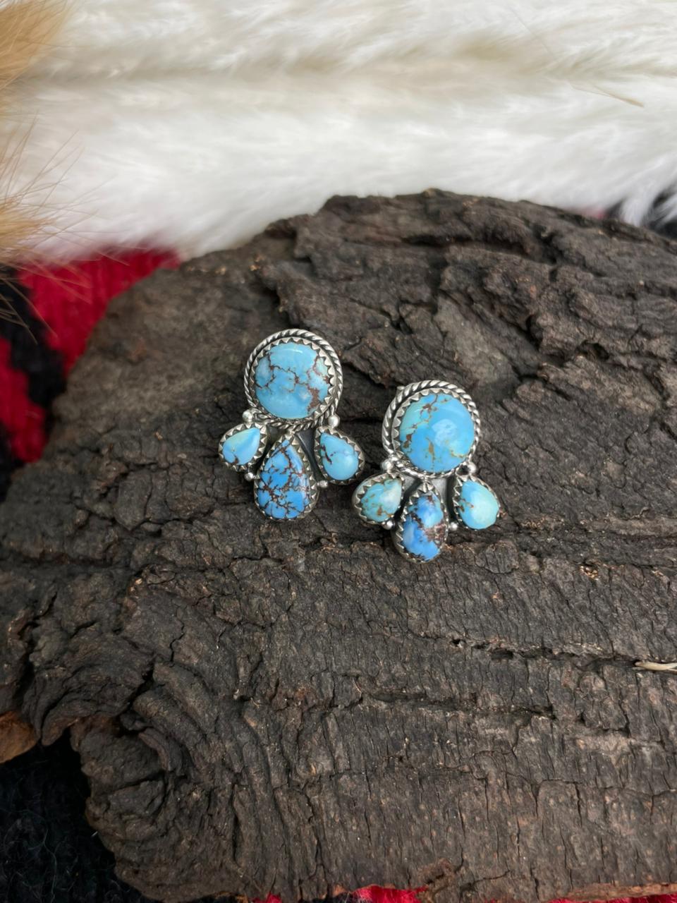Handmade Sterling Silver Golden Hills Turquoise Post Studs Earrings "Signed Nizhoni"