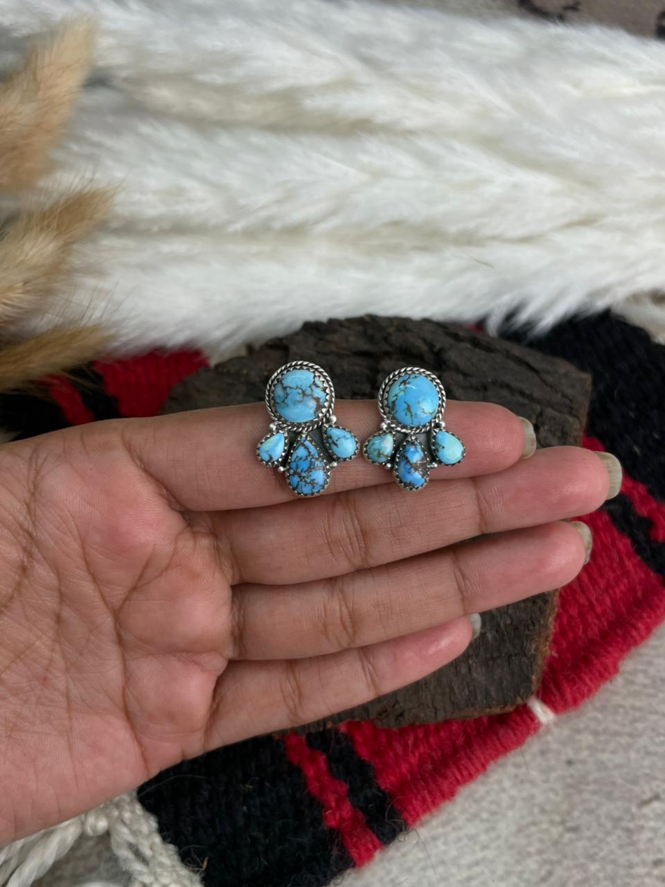 Handmade Sterling Silver Golden Hills Turquoise Post Studs Earrings "Signed Nizhoni"