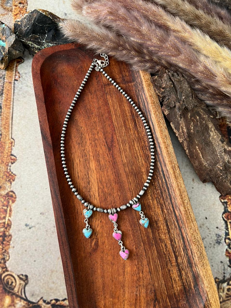 Handmade Sterling Silver Cotton Candy Beaded Heart Necklace "Signed Nizhoni"