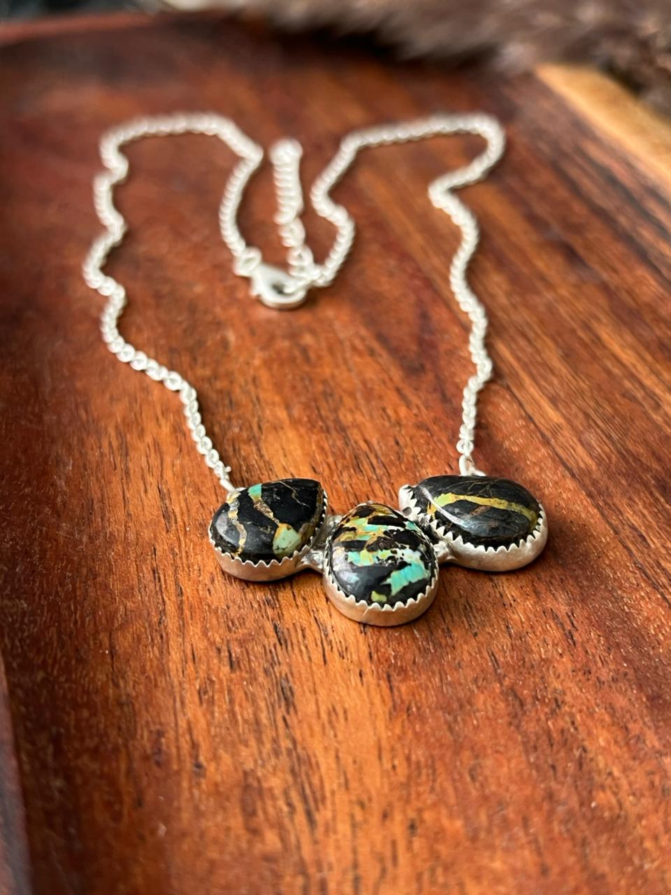 Handmade Sterling Silver Blackjack Turquoise Necklace "Signed Nizhoni"