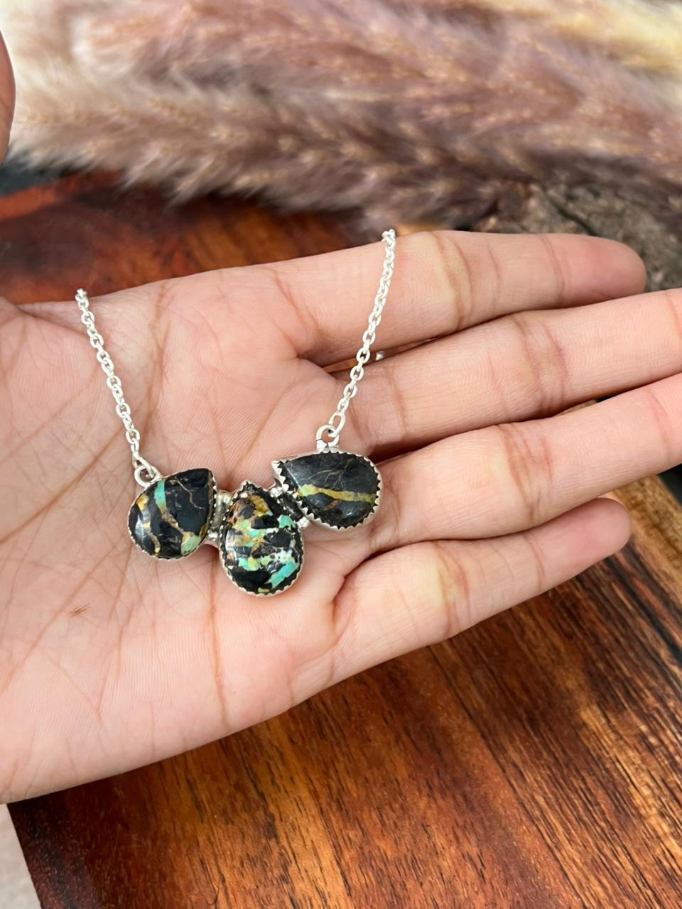 Handmade Sterling Silver Blackjack Turquoise Necklace "Signed Nizhoni"