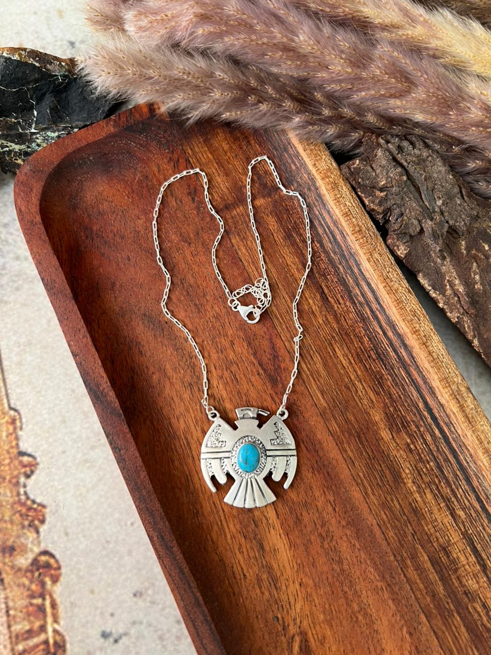 Handmade Sterling Silver Kingman Turquoise Thunderbird Necklace "Signed Nizhoni"