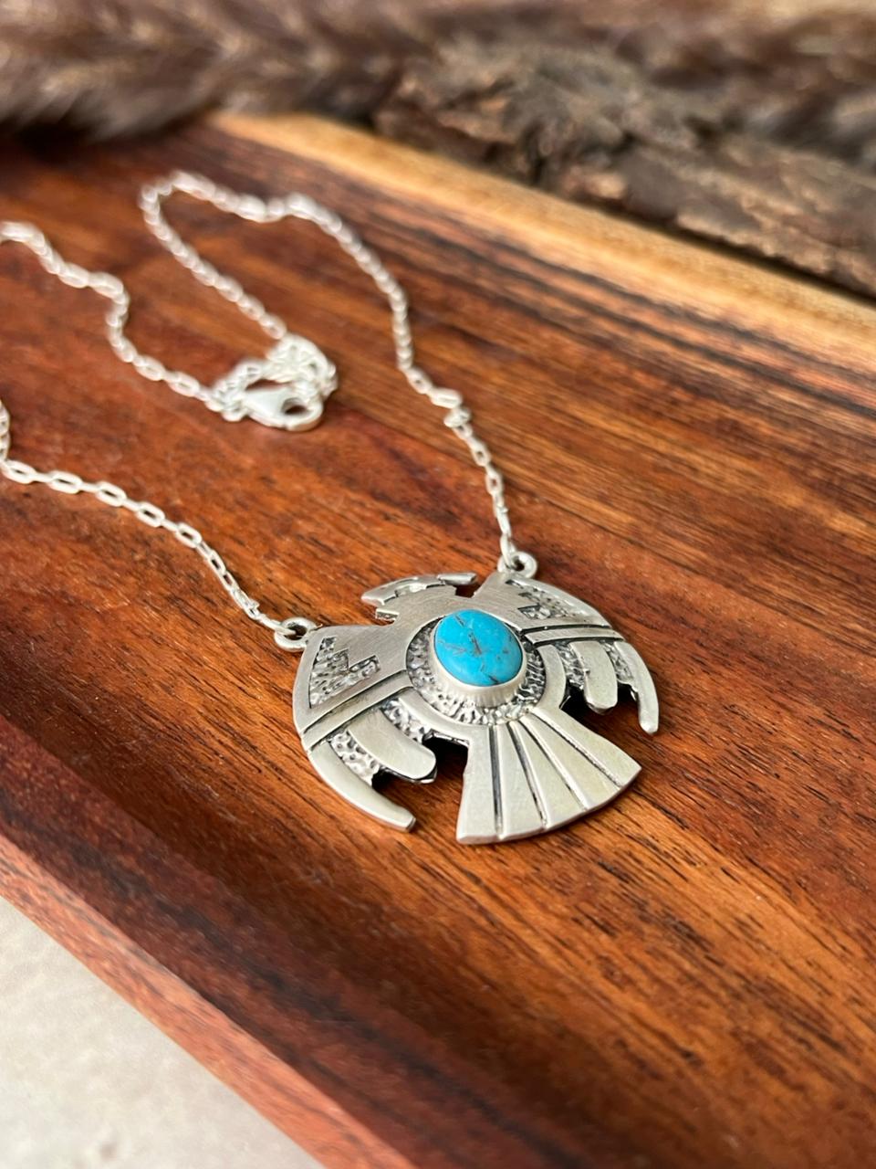 Handmade Sterling Silver Kingman Turquoise Thunderbird Necklace "Signed Nizhoni"