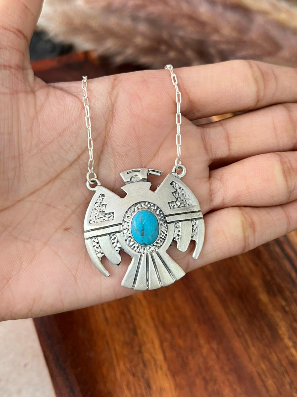 Handmade Sterling Silver Kingman Turquoise Thunderbird Necklace "Signed Nizhoni"