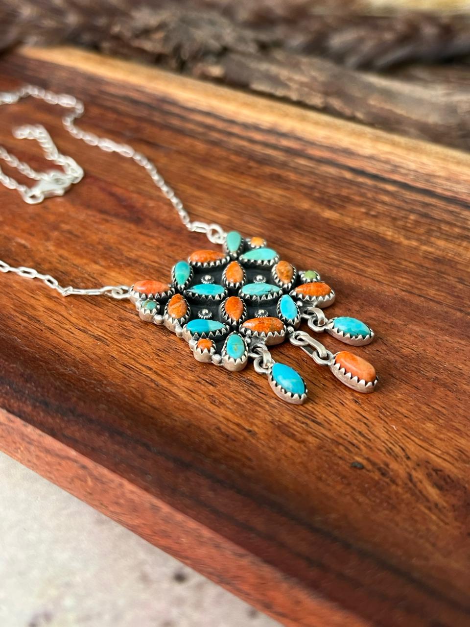 Handmade Sterling Silver Kingman Turquoise with Orange Mojave Necklace "Signed Nizhoni"