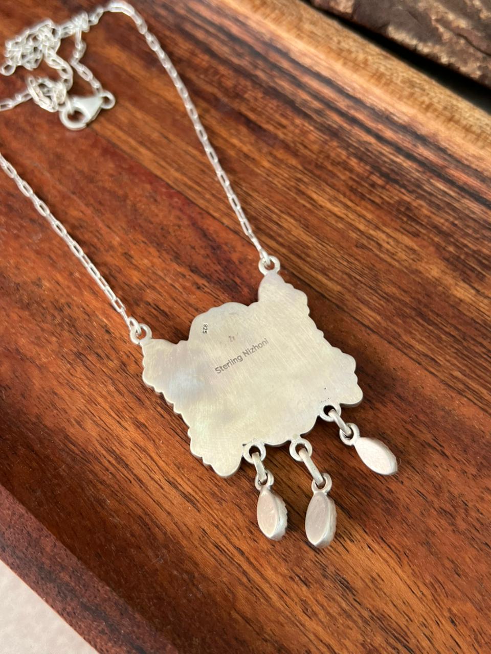 Handmade Sterling Silver Kingman Turquoise with Orange Mojave Necklace "Signed Nizhoni"