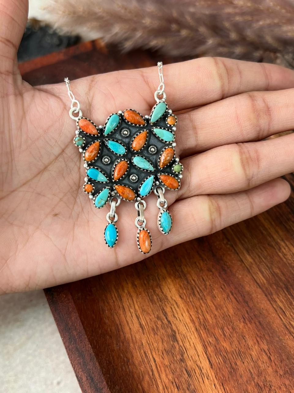 Handmade Sterling Silver Kingman Turquoise with Orange Mojave Necklace "Signed Nizhoni"