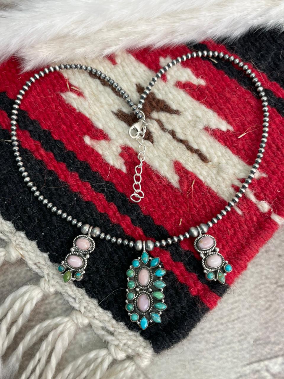 Handmade Sterling Silver Pink Opal with Kingman Turquoise Beaded Necklace "Signed Nizhoni"