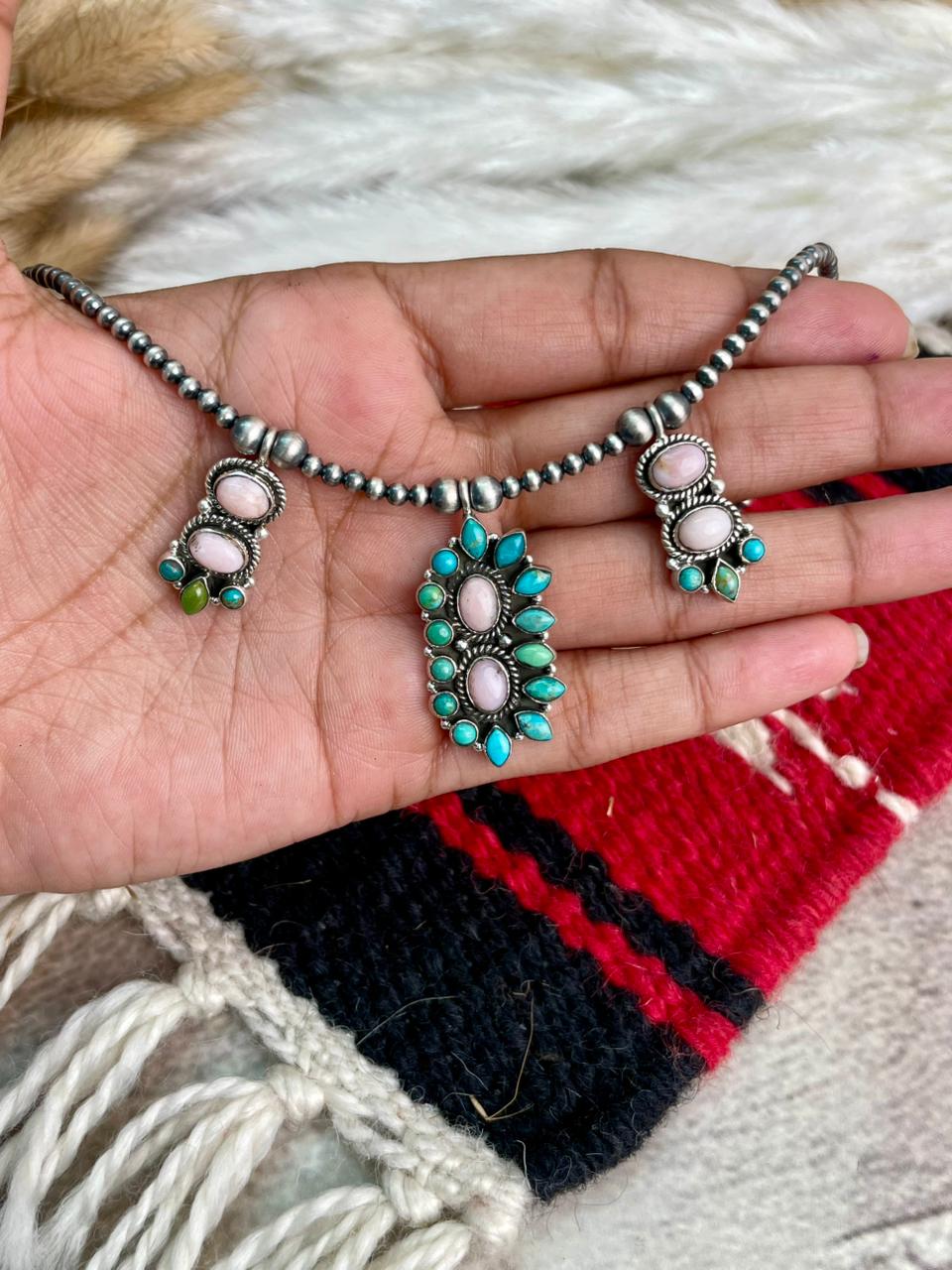 Handmade Sterling Silver Pink Opal with Kingman Turquoise Beaded Necklace "Signed Nizhoni"