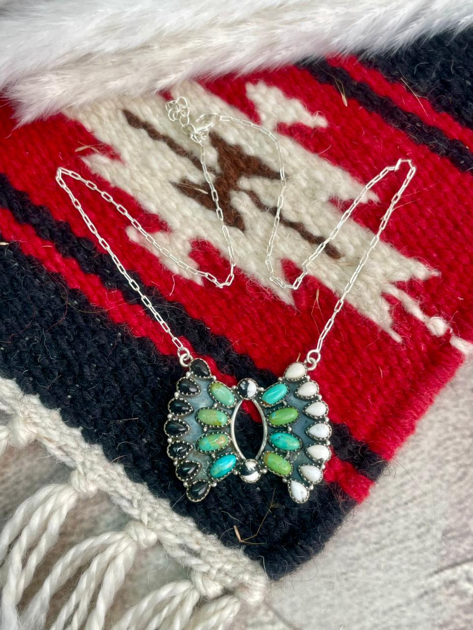 Handmade Sterling Silver Kingman Turquoise with White Buffalo Necklace "Signed Nizhoni"