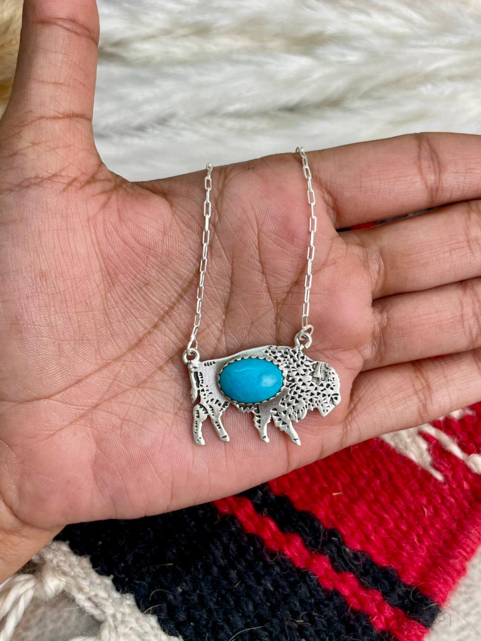 Handmade Sterling Silver Kingman Turquoise Bison Necklace "Signed Nizhoni"