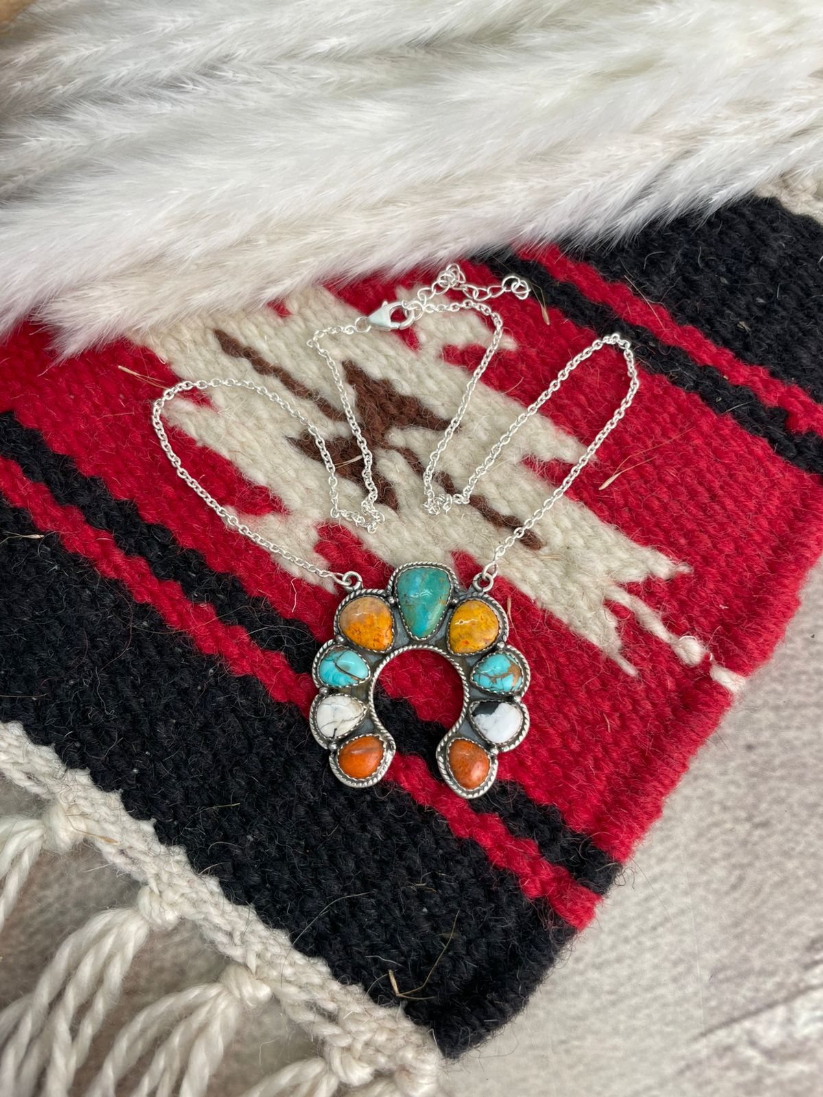 Handmade Sterling Silver Kingman Turquoise with Orange Mojave, White Buffalo, Mint Dahlia and Bumblebee Naja Necklace "Signed Nizhoni"