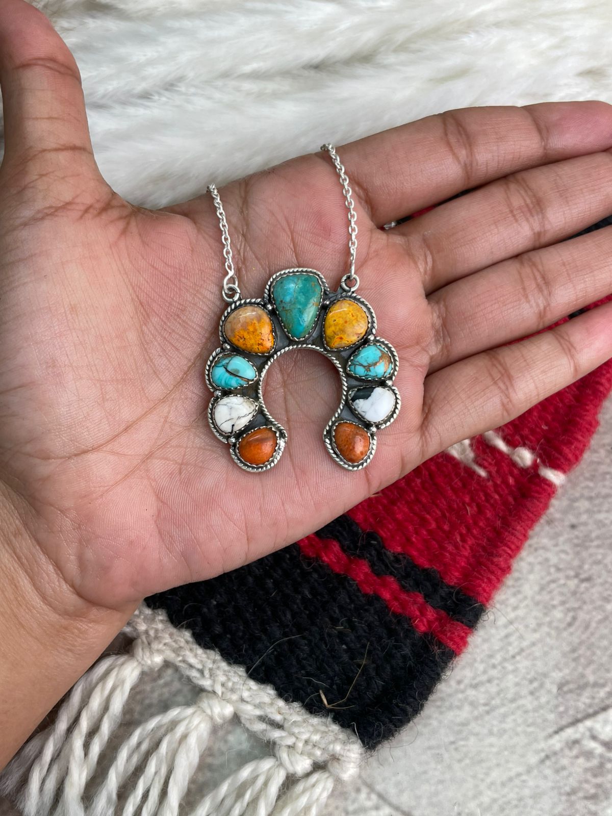 Handmade Sterling Silver Kingman Turquoise with Orange Mojave, White Buffalo, Mint Dahlia and Bumblebee Naja Necklace "Signed Nizhoni"