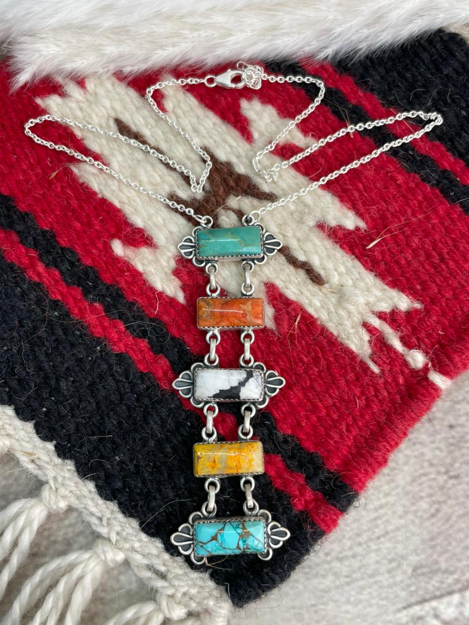 Handmade Sterling Silver Kingman Turquoise, Orange Mojave, White Buffalo, Mint Dahlia and Bumblebee Necklace "Signed Nizhoni"