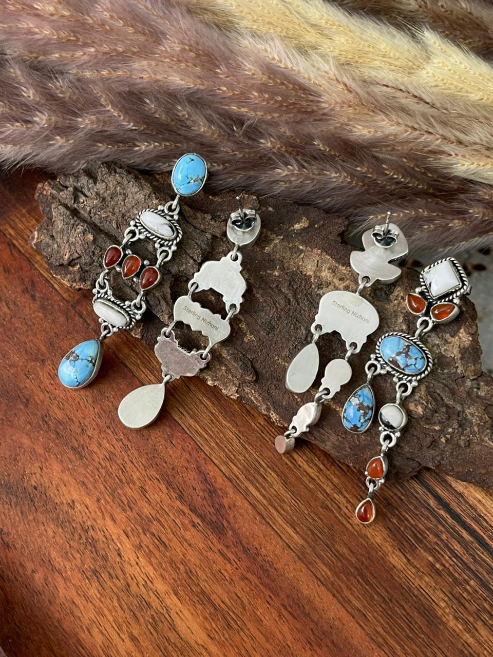 Handmade Sterling Silver Canyon Sunset Collection: Golden Hills Turquoise with White Buffalo and Carnelian Post Dangle Earrings "Signed Nizhoni"